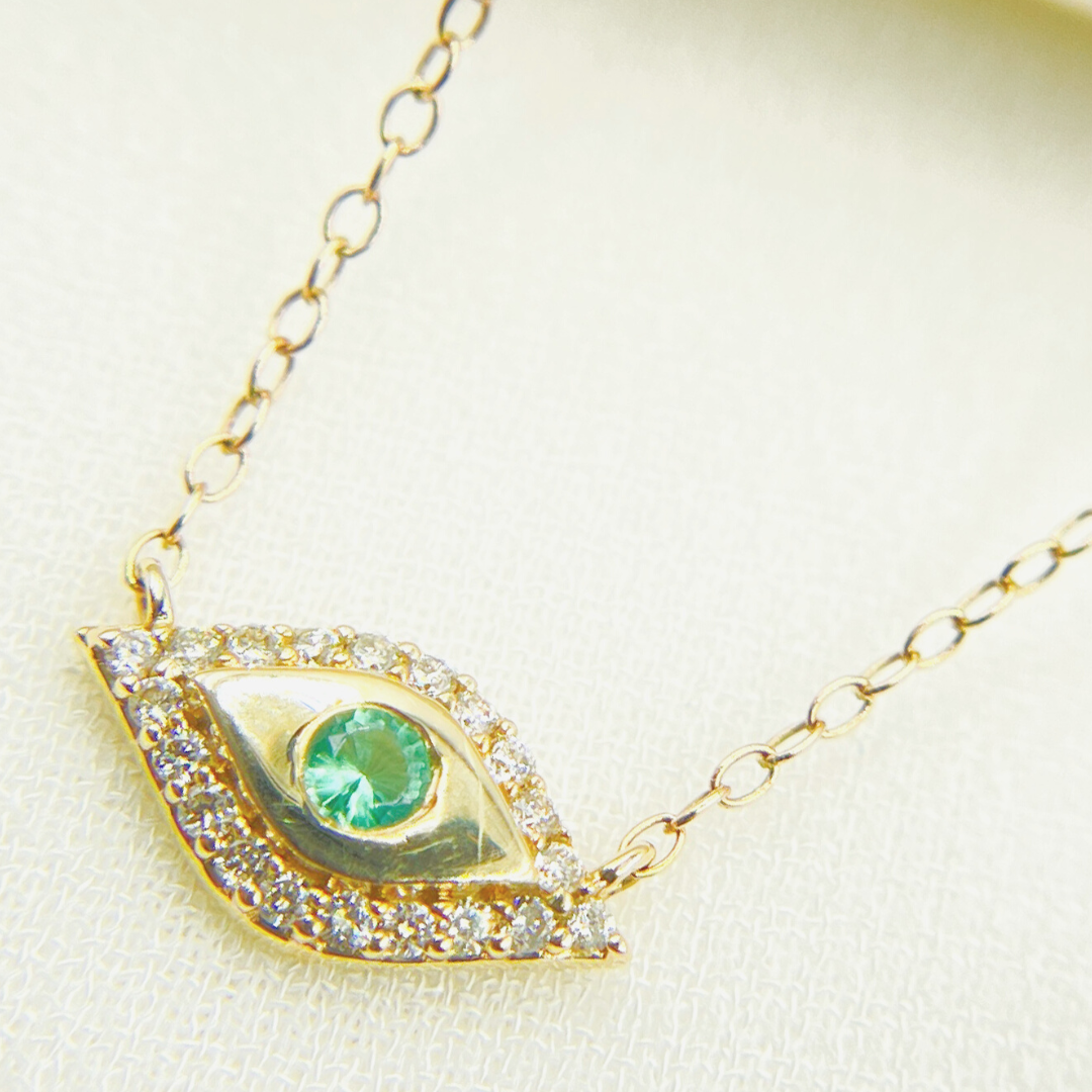 14k Solid Gold  Diamonds and Emerald Evil Eye Necklace. NFB71122EM