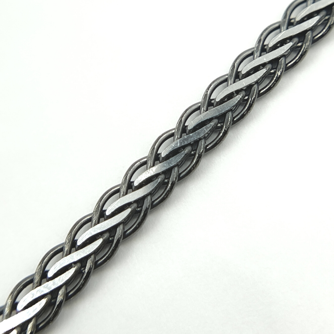 0502213SB. Black Rhodium and White Sterling Silver Flat Wheat Necklace