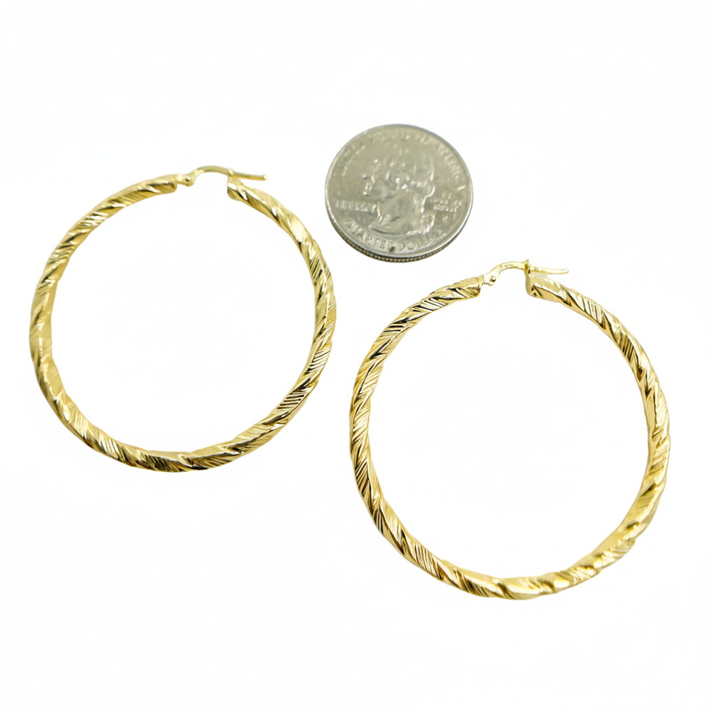 GER54. 14K Solid Gold Twist Round Hollow Hoop Earrings