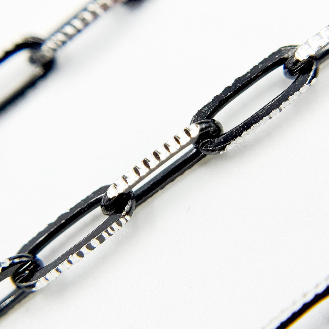 Z113SB. Two Tone Sterling Silver and Black Rhodium Paperclip Textured Chain
