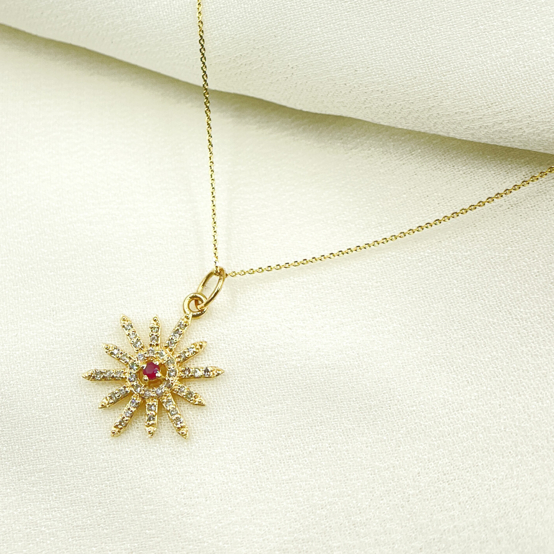 14K Solid Gold Sun Pendant with Diamonds & Gemstone (Available in Ruby, Blue Sapphire). GDP360