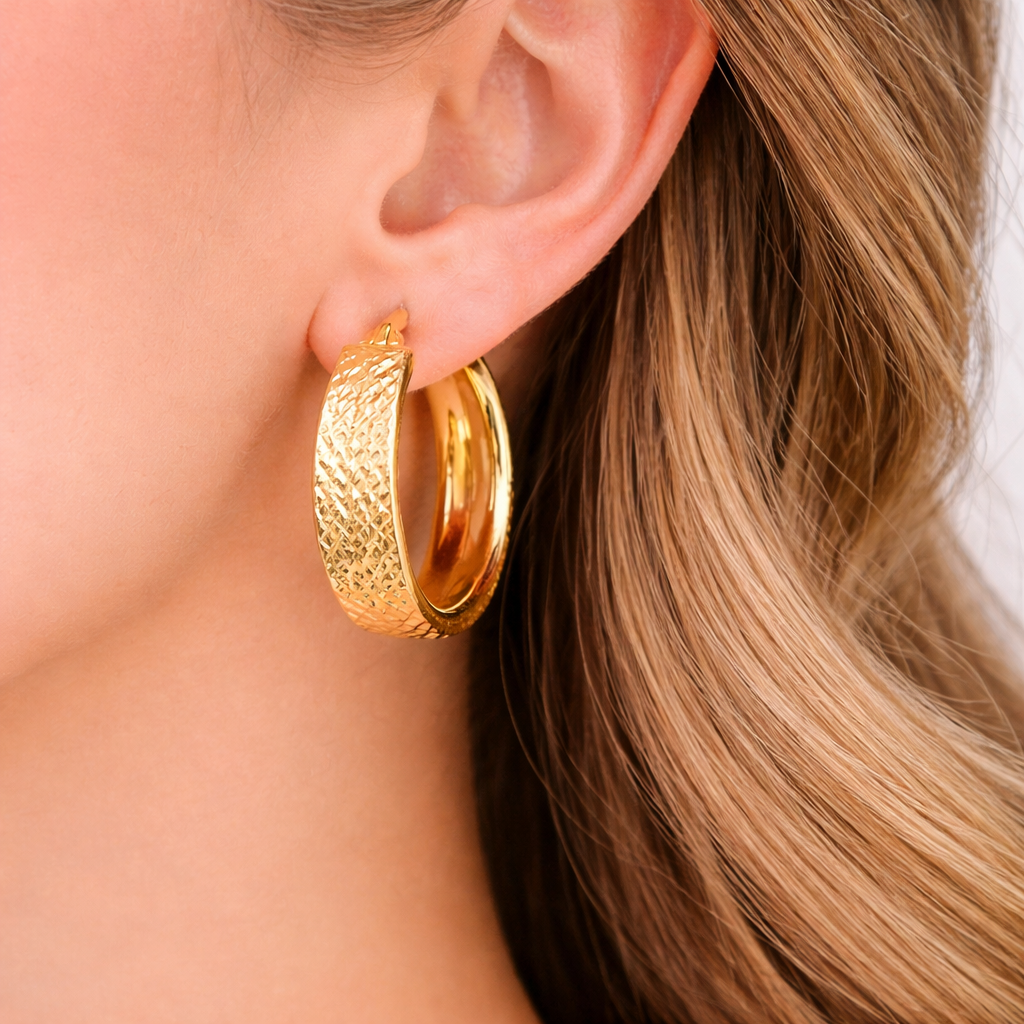 GER105. 14K Solid Gold Flat Diamond Cut Hollow Hoop Earrings
