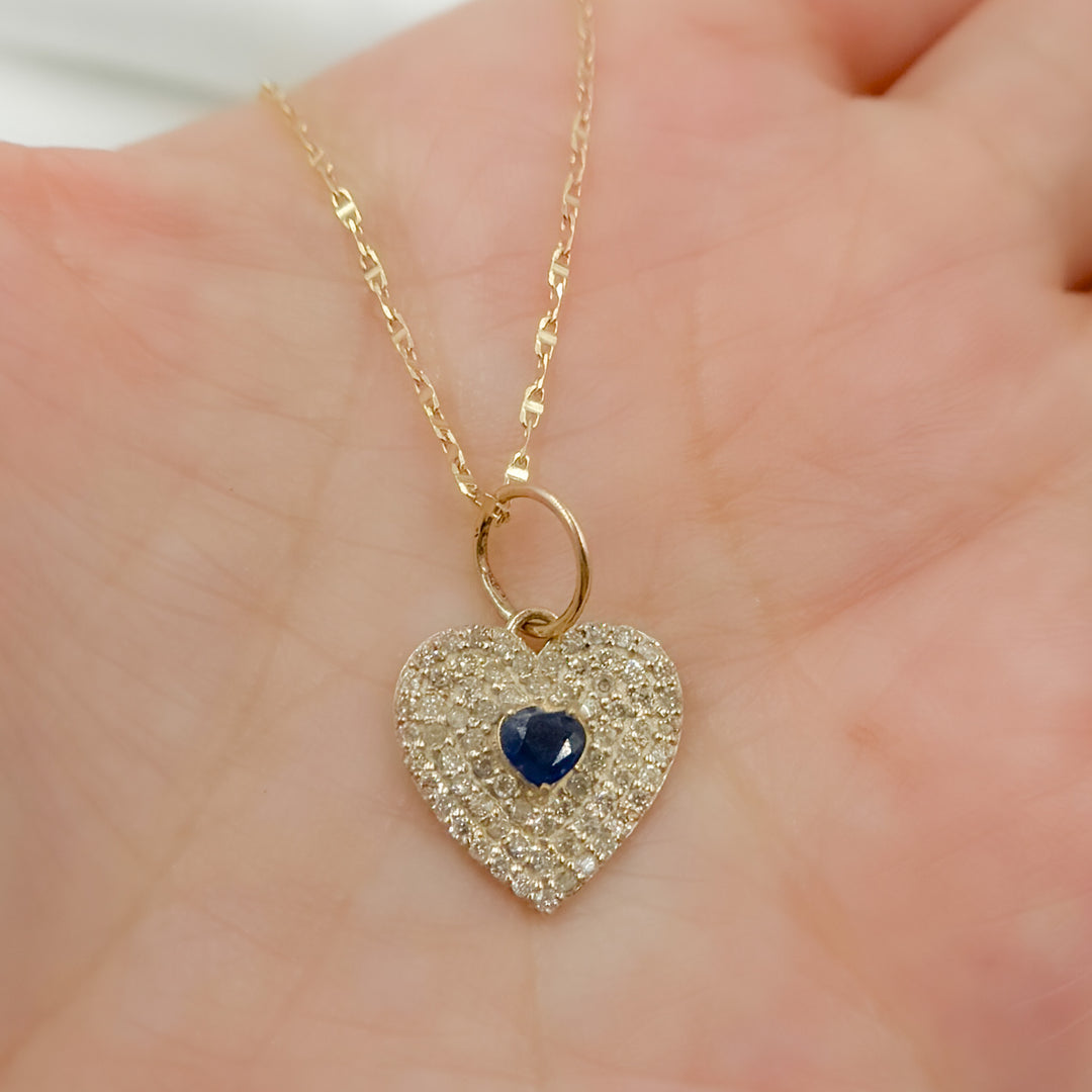 14k Solid Gold Diamond and Blue Sapphire Heart Charm. GDP586