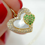 Load image into Gallery viewer, 14K Solid Gold Mother of Pearl and Gemstone (Emerald or Blue Sapphire) Diamond Heart Charm. KG243
