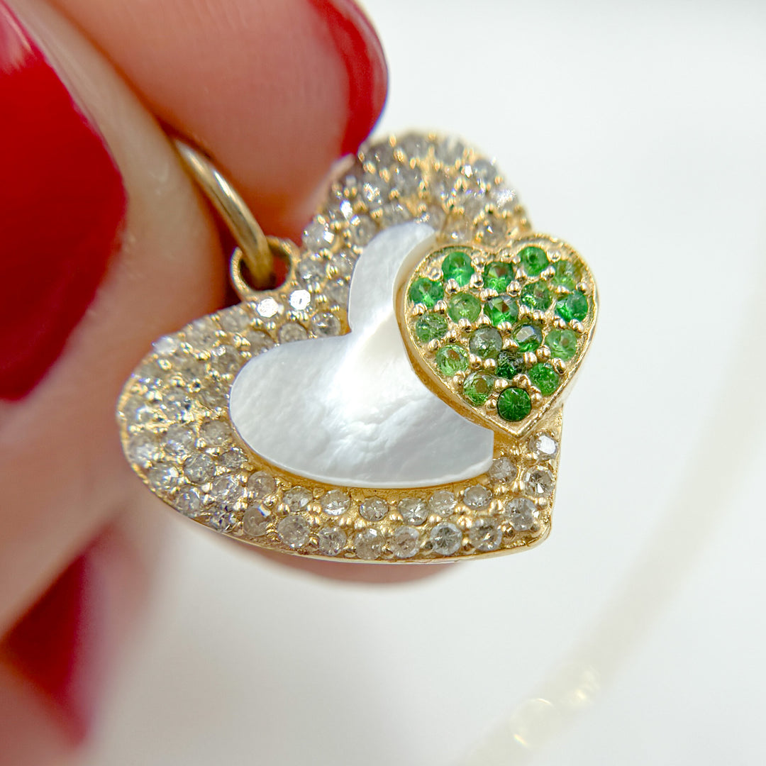 14K Solid Gold Mother of Pearl and Gemstone (Emerald or Blue Sapphire) Diamond Heart Charm. KG243