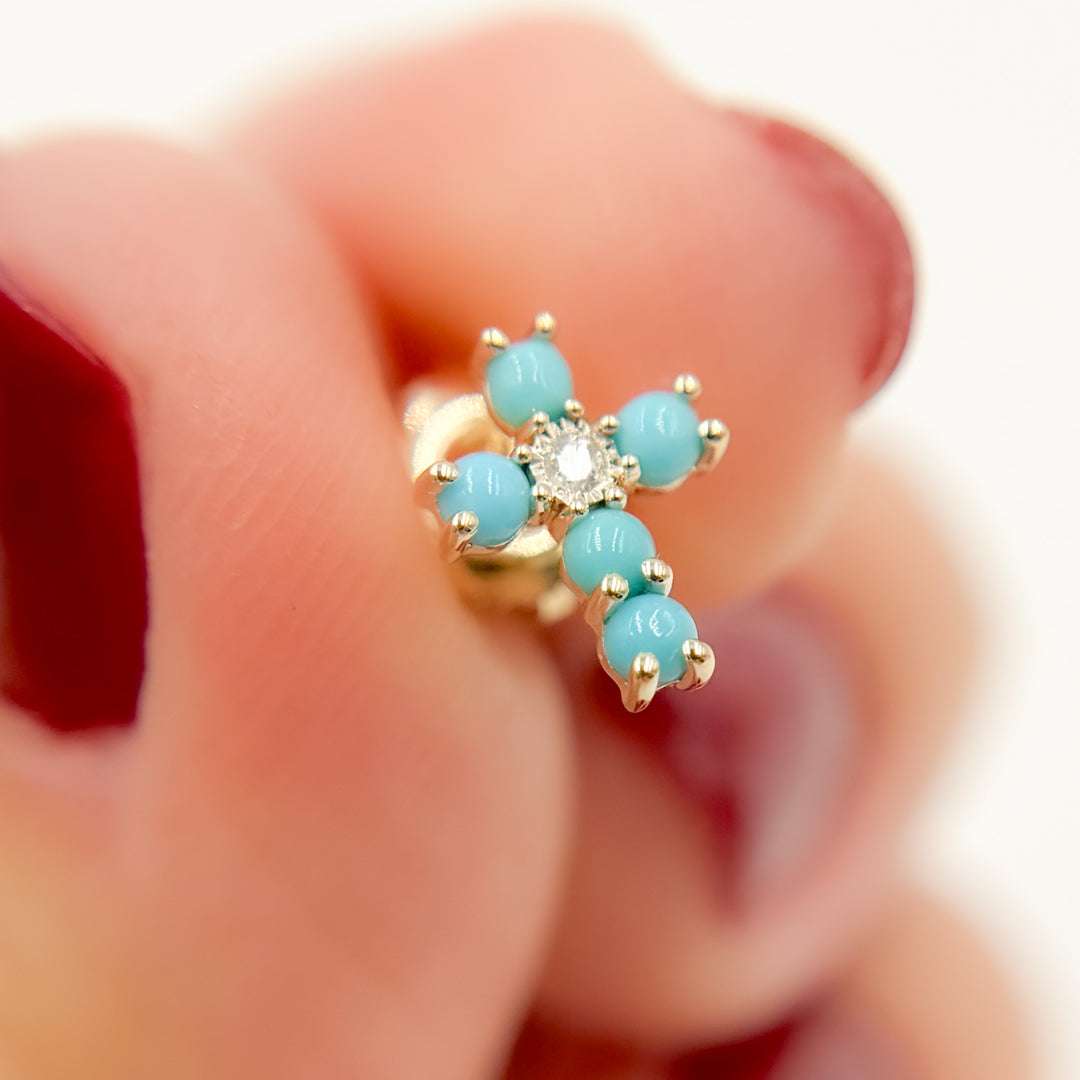 14K Solid Yellow Gold Turquoise and Diamond Stud Earrings