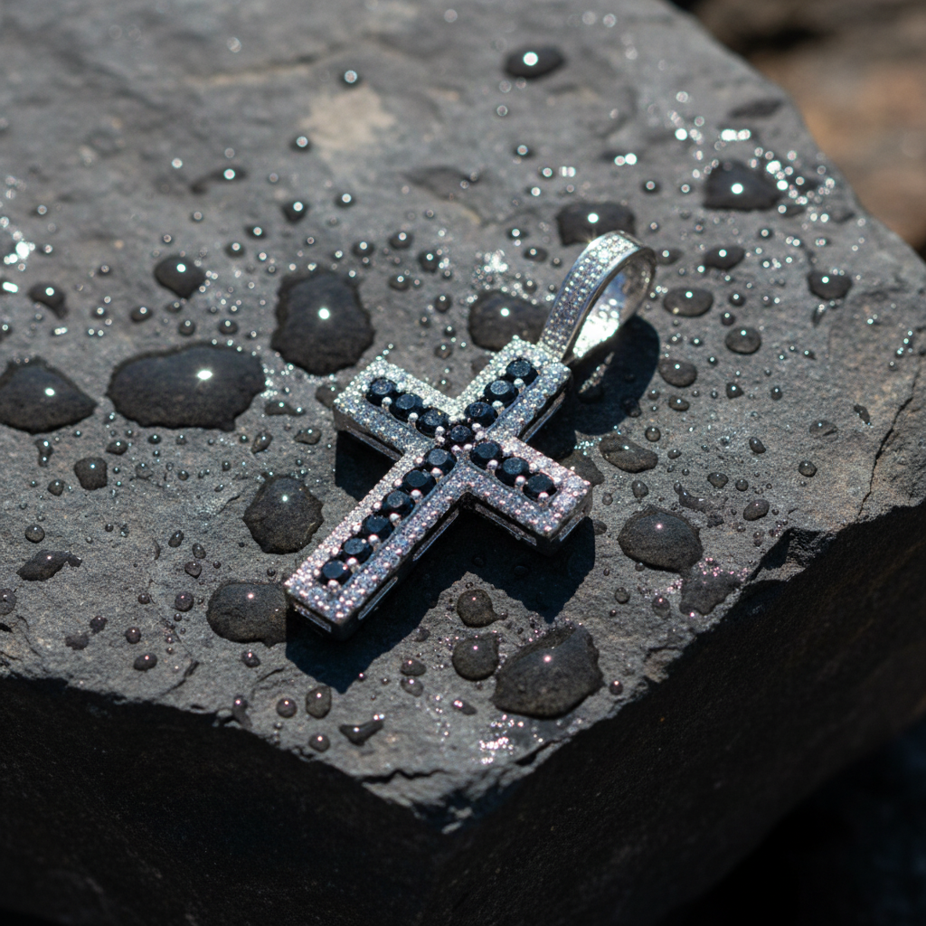 PFC44469BS. 14K Solid Gold Cross Diamond and Blue Sapphire Charm