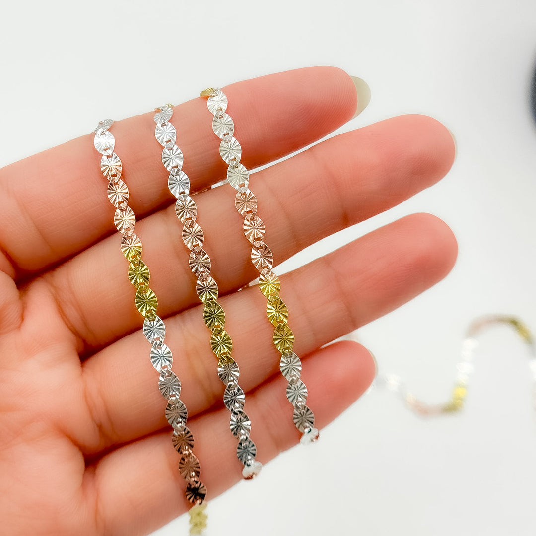 Z120GSR. White Silver, Gold Plated, and Rose Gold Plated Silver Diamond Cut Marina Chain