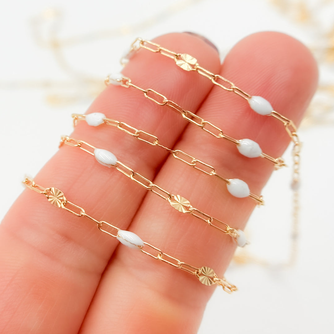 V295WTGF. 14K Gold Filled White Color Enamel with Paperclip and Diamond Cut Marina Links