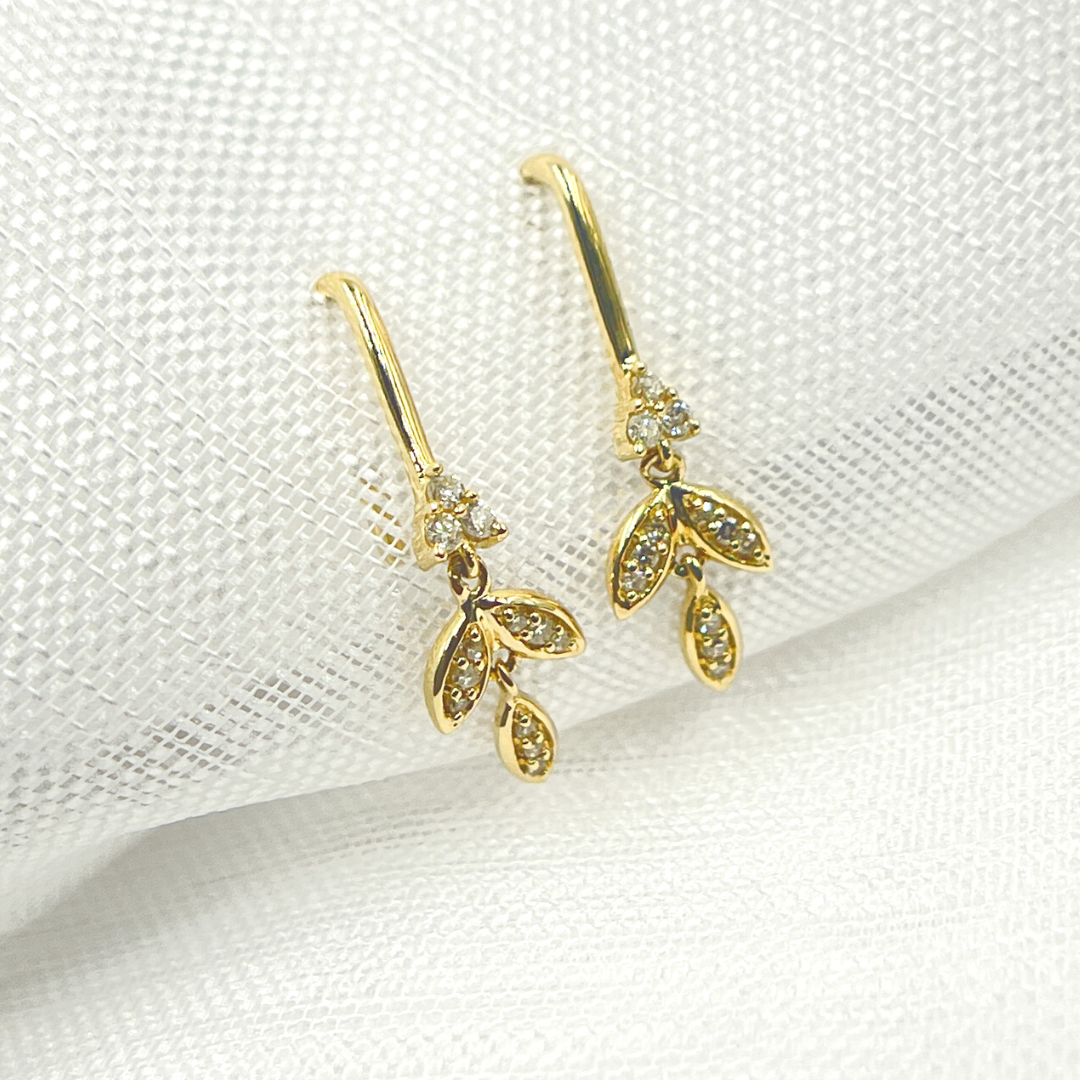 14k Solid Yellow Gold Diamond Dangle Leaves Earrings. EFB51706