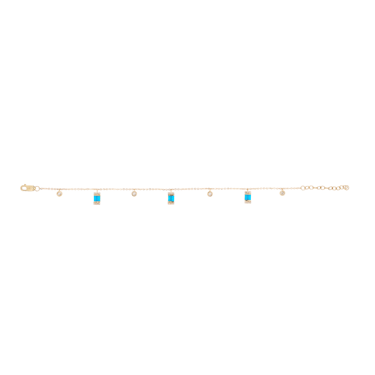 BFE60932TQ. 14K Solid Gold Diamond and Turquoise Dangle Rectangles and Circles Bracelet