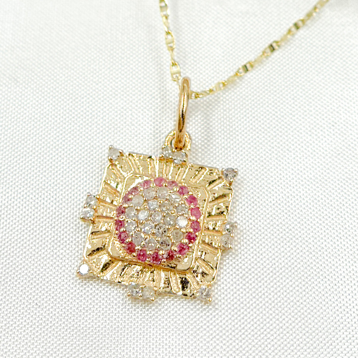 KG191. 14K Solid Gold Diamond and Ruby Square Charm