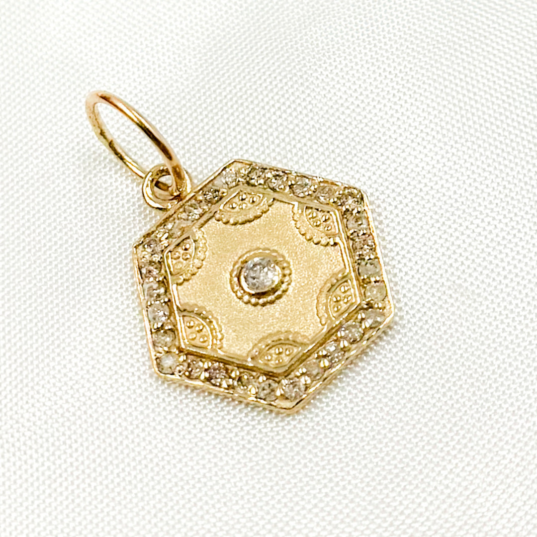 GDP254. 14K Solid Gold Diamond Hexagon Charm