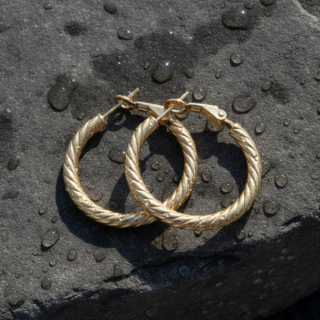 15850019965. 14K Solid Gold Fancy Ribbed Hollow Hoop Earrings