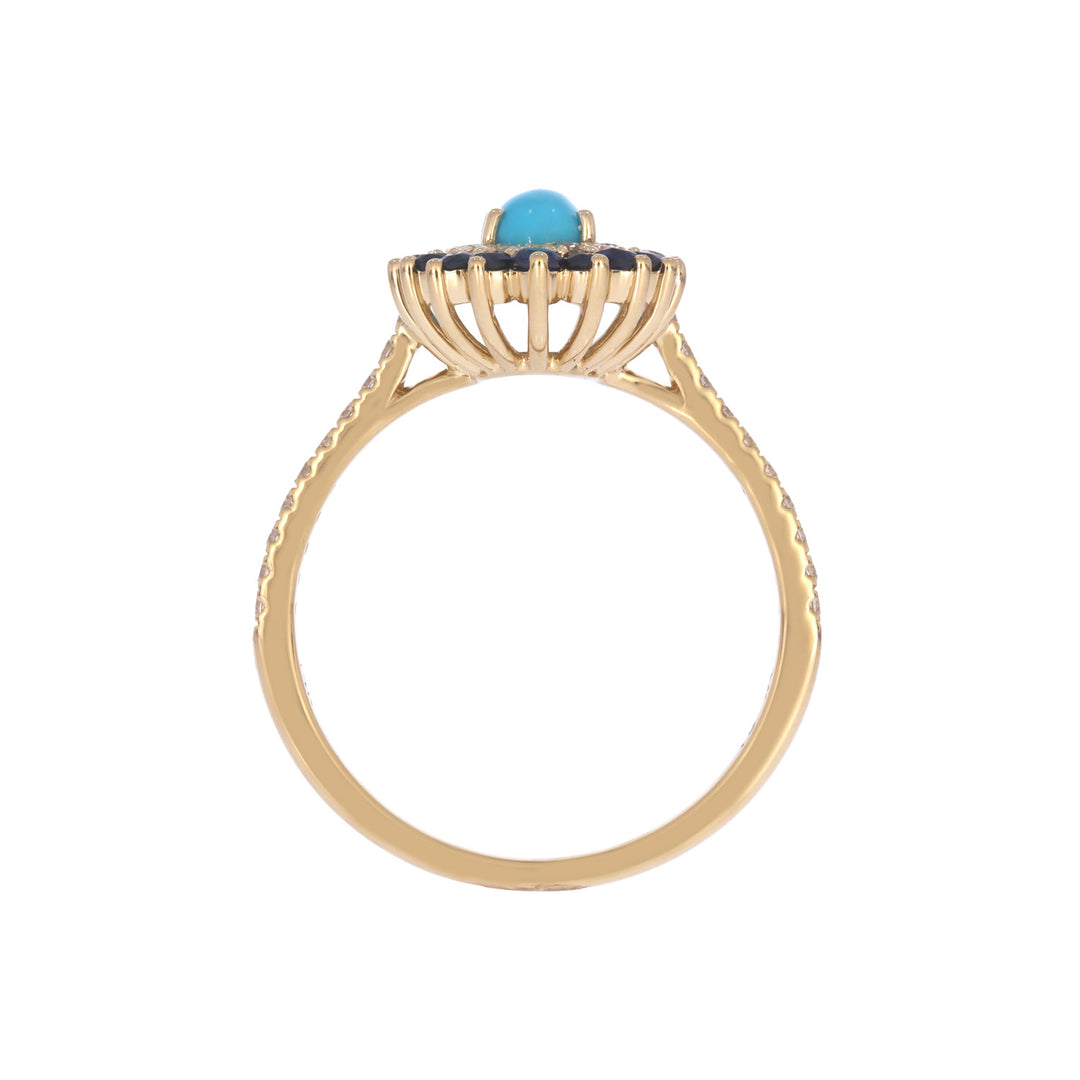 CR97513TQ6X4. 14k Solid Gold Turquoise, Blue Sapphire and Diamond Fancy Ring