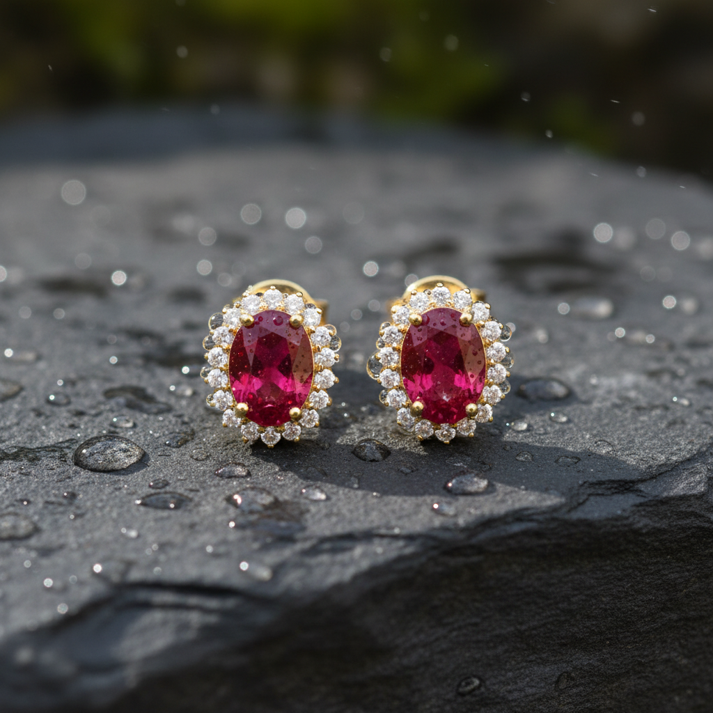 ER113641. 14k Solid Gold Diamond and Gemstone Oval Stud Earrings