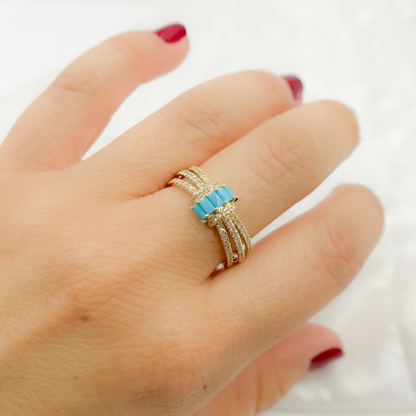14K Solid Gold Diamond and Turquoise Band Ring. 