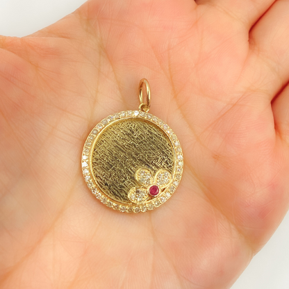 14K Solid Gold Circle Flower Diamonds & Gemstone. KG166