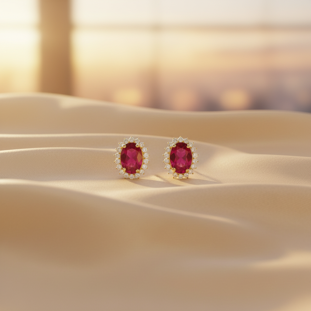 ER113641. 14k Solid Gold Diamond and Gemstone Oval Stud Earrings