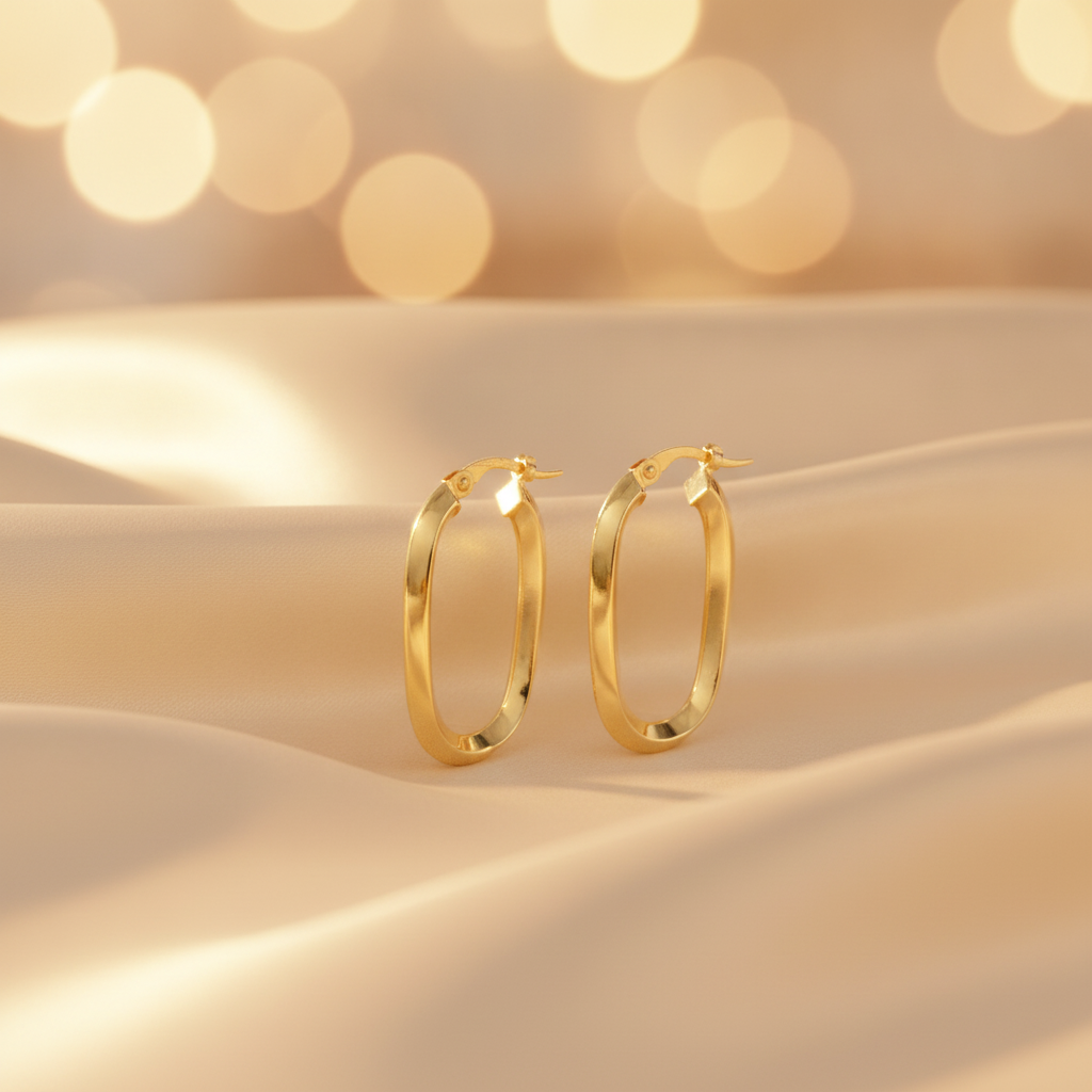 15850021777.  14K Solid Gold Fancy Rectangle Hollow Hoop Earrings