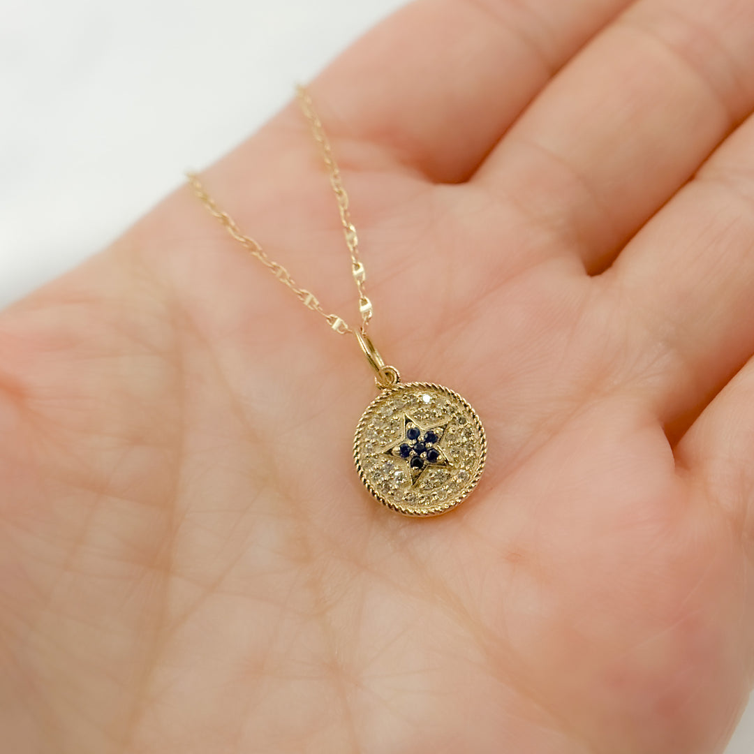 14K Solid Gold Diamond and Gemstone Star Circle Charm. GDP366