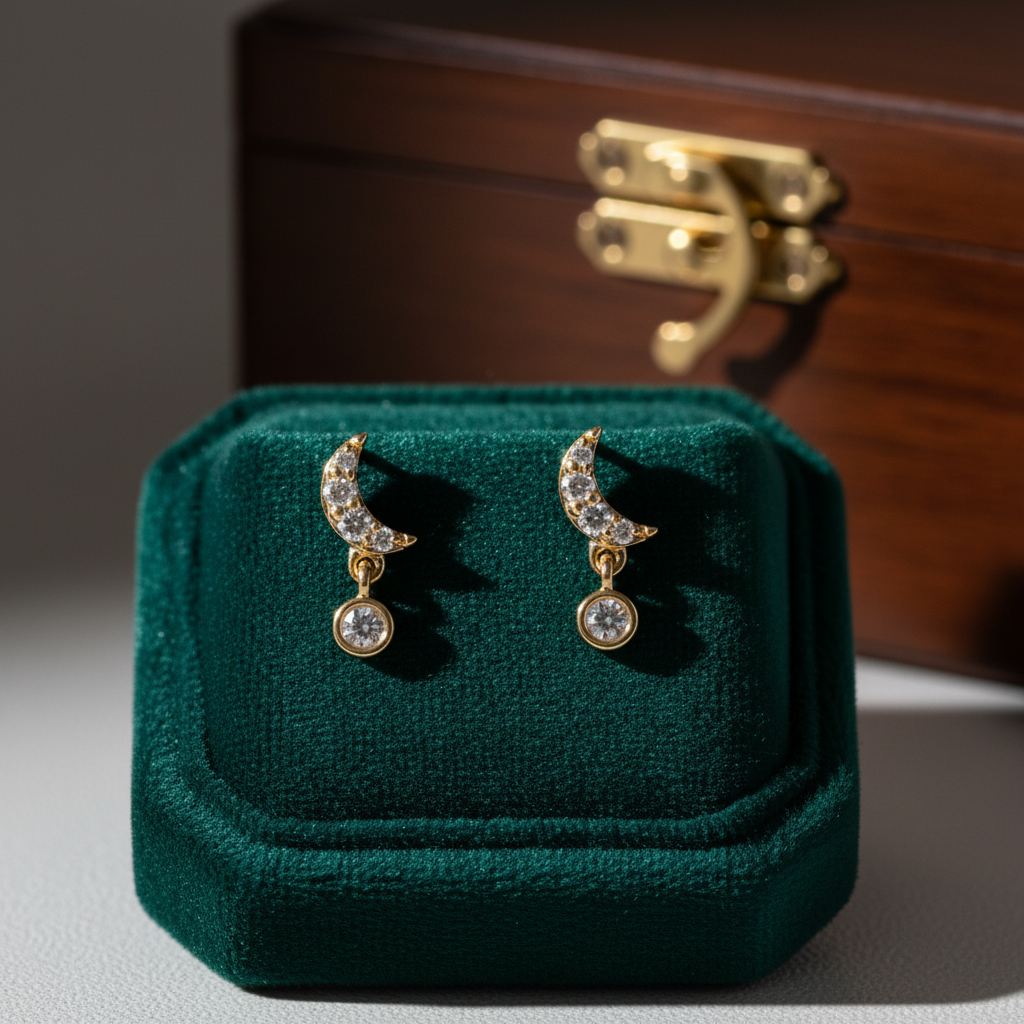 EFB54156. 14K Solid Gold Diamond Moon Studs Earrings