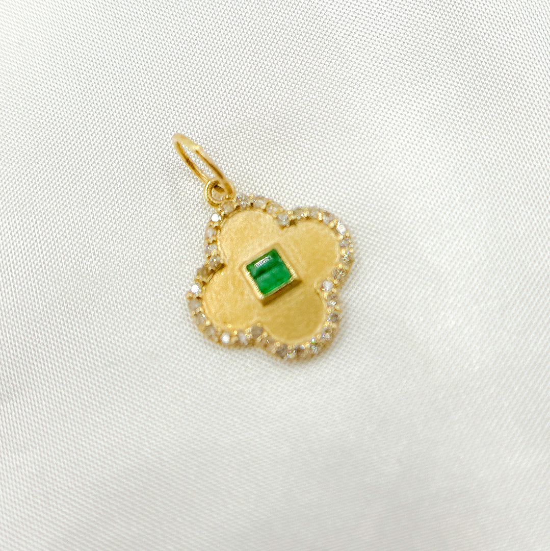 14k Solid Gold Diamond and Emerald Clover Charm. GDP648