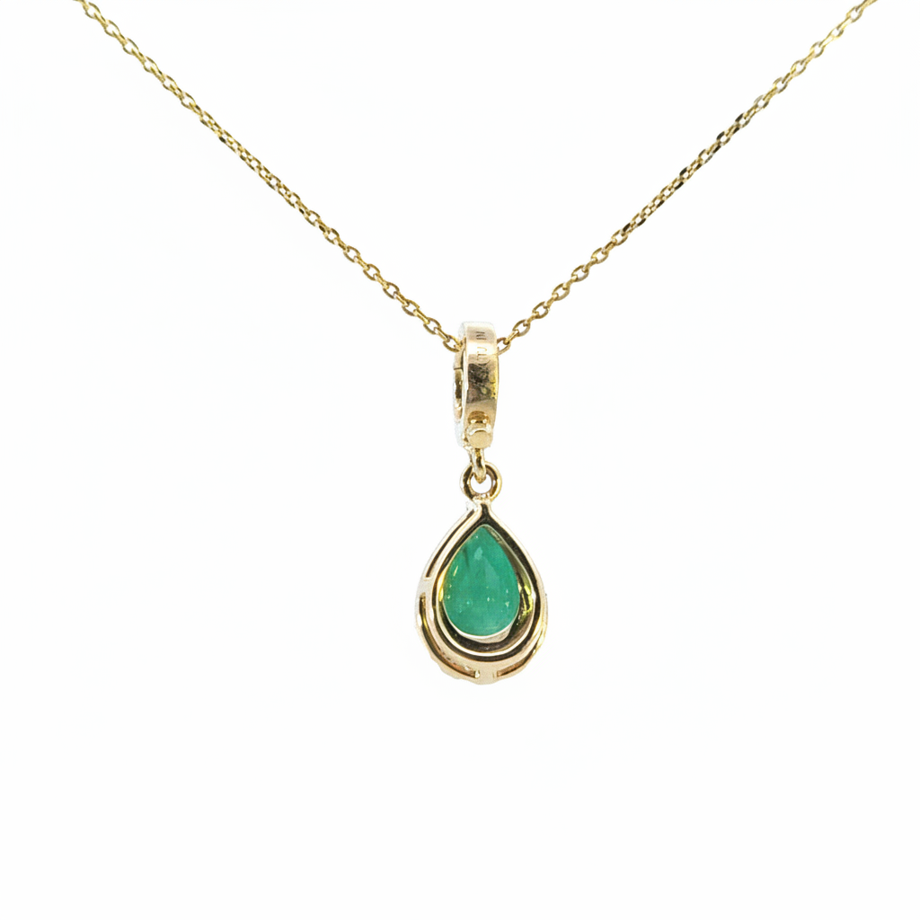 CMA00343EM. 14K Solid Gold Drop-Shaped Emerald and Diamond Charm