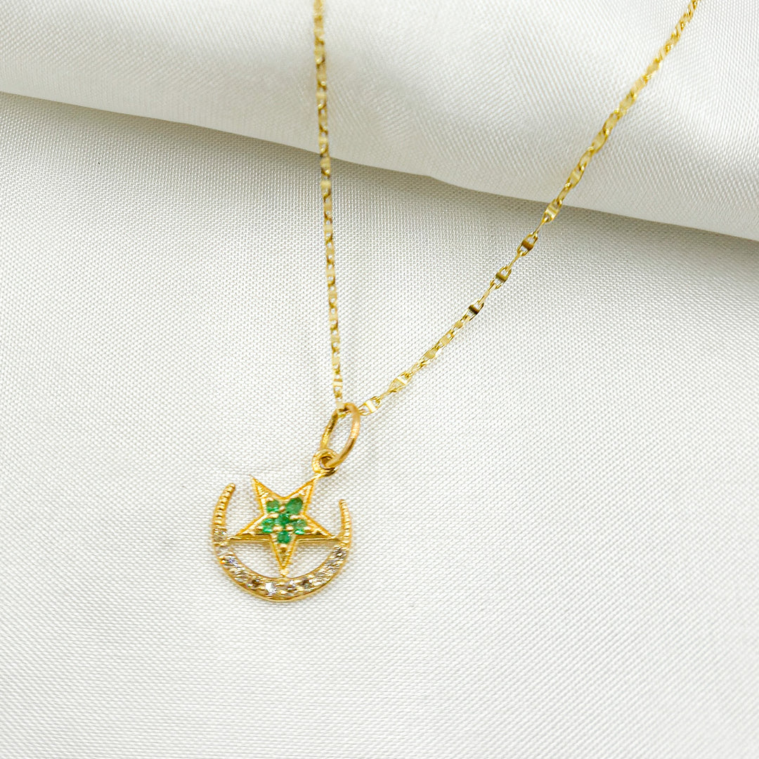 14k Solid Gold Diamond and Gemstone Moon and Star Charm. GDP403