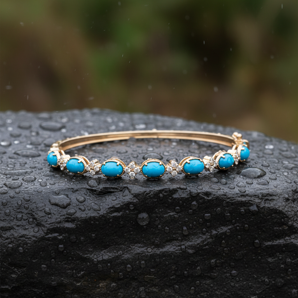 CB97337TQ6X4. 18K Solid Yellow Gold Turquoise and Diamond Fancy Bangle