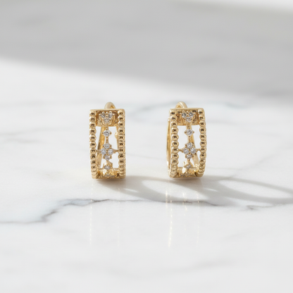 EHC57625. 14K Solid Yellow Gold Diamond Fancy Hoop Earrings