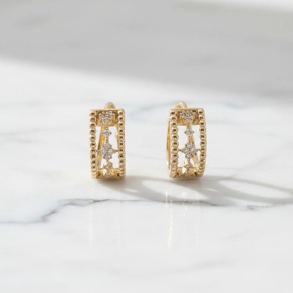 EHC57625. 14K Solid Yellow Gold Diamond Fancy Hoop Earrings