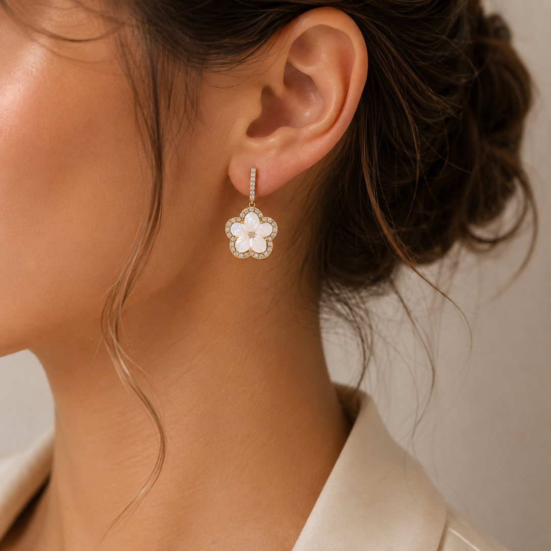 EFG53061PL. 14k Solid Yellow Gold Diamond and Mother-of-Pearl Dangle Flower Earrings