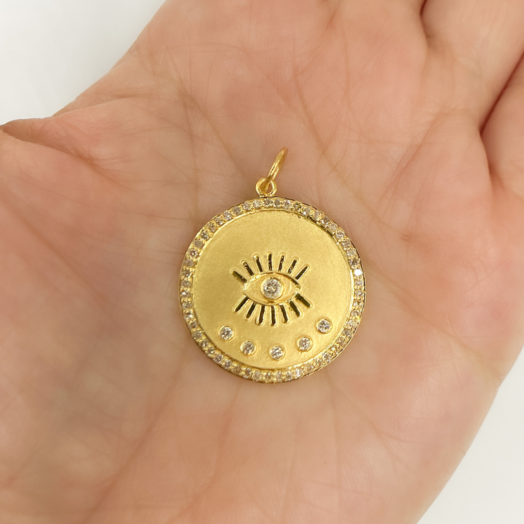 14K Solid Gold with Diamonds Circle Shape with Eye Charm. GDP106