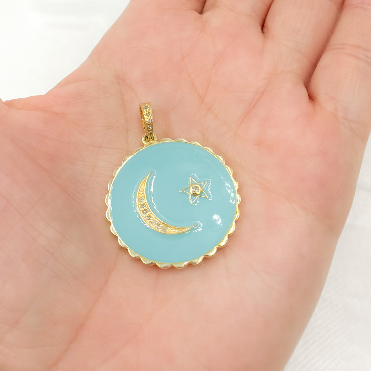 Buy Now Sterling Silver Round Moon and Star Enamel Pendant