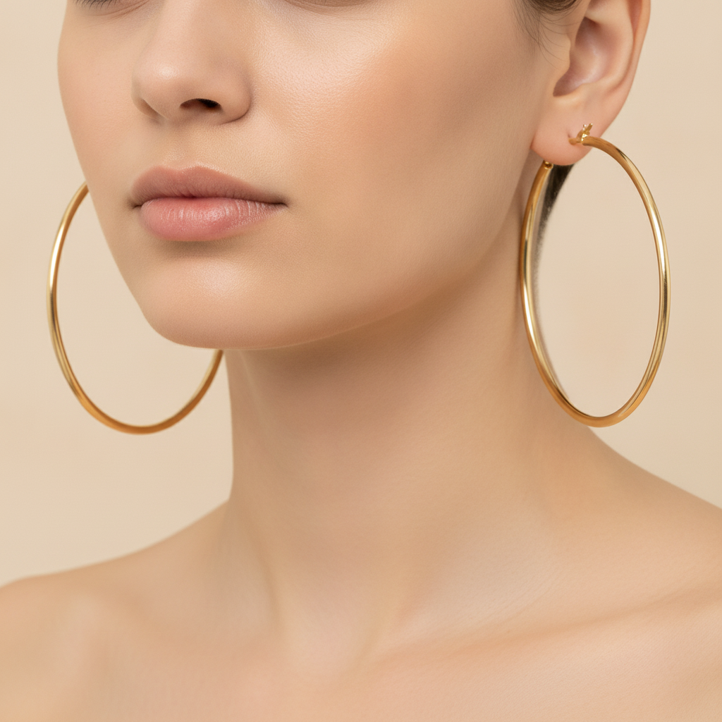 GER167. 14K Solid Gold Hollow Smooth Hoop