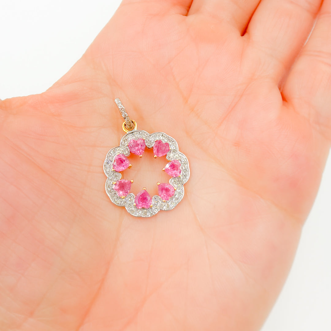 GDP806. 14K Solid Gold Ruby and Diamonds Flower Pendant