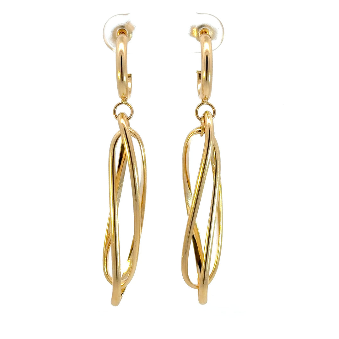 15850005068. 14K Solid Gold Twist Double Oval Hollow Dangle Earrings