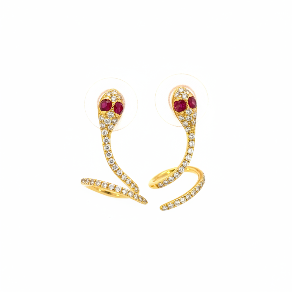 EFE53688RU. 14K Solid Gold Diamond and Ruby Snake Studs