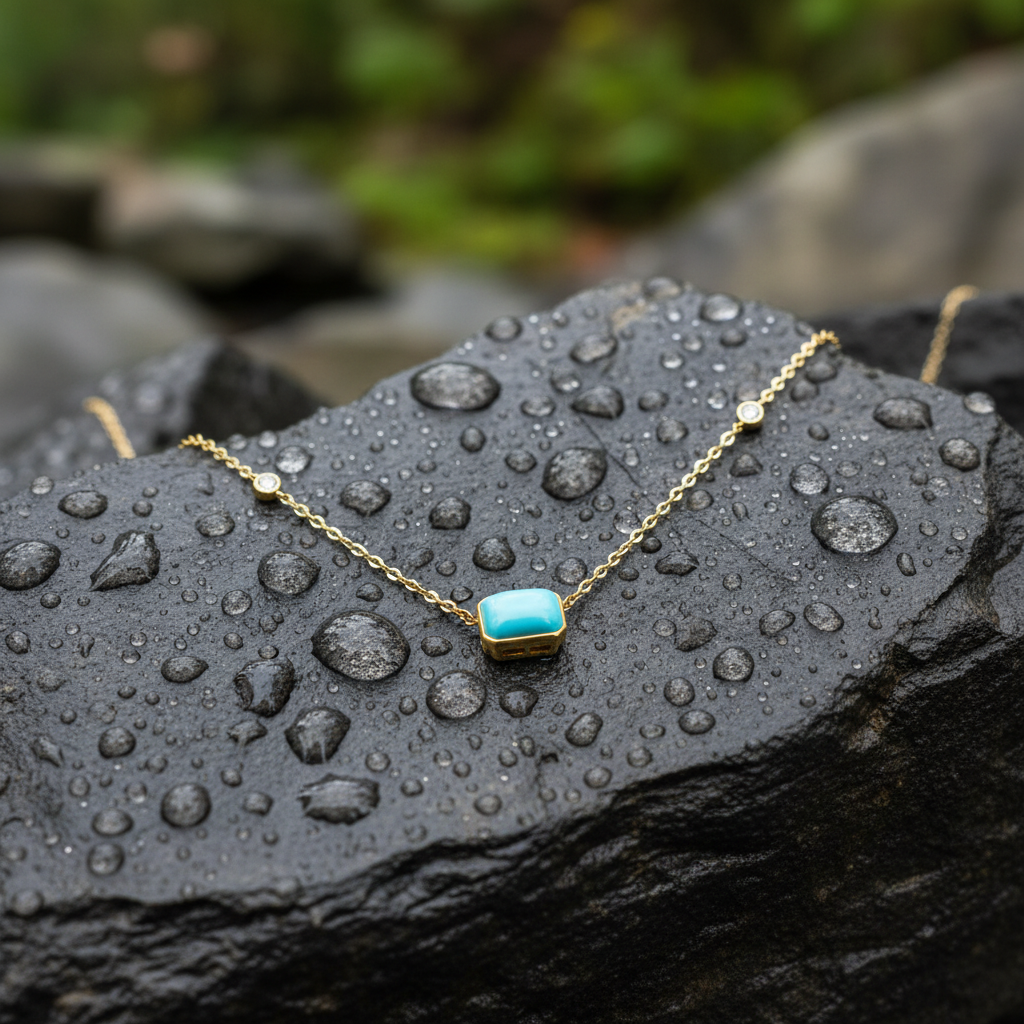 NT407401. 14K Solid Gold Rectangular Turquoise Fancy Tiny Necklace