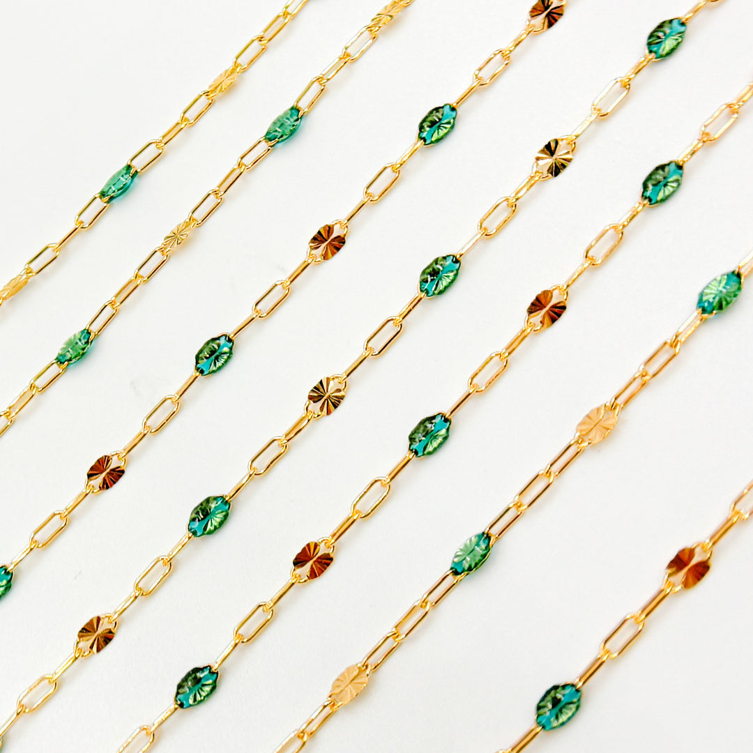 V295OGGF. 14K Gold Filled Olive Green Color Enamel with Paperclip and Diamond Cut Marina Links