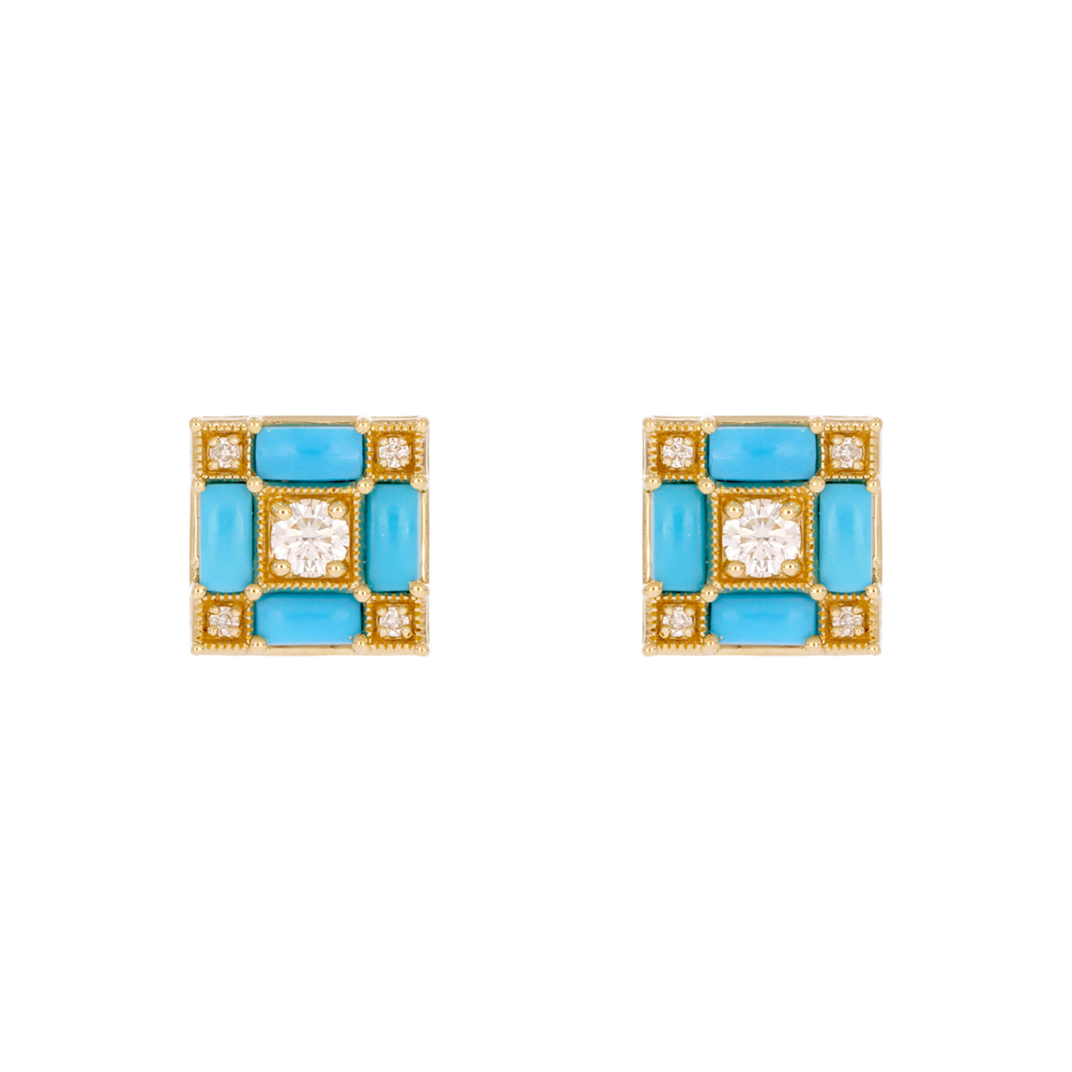 EFE53897TQ. 14K Solid Gold Diamonds and Turquoise Square Stud Earrings