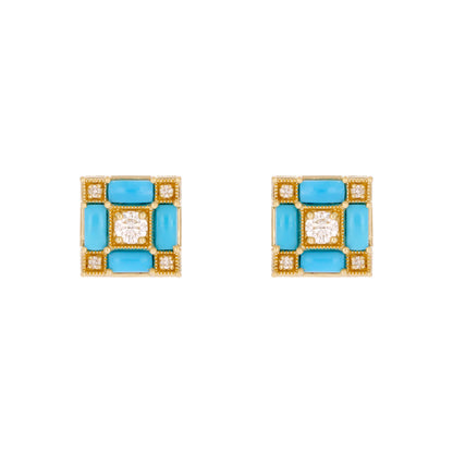 EFE53897TQ. 14K Solid Gold Diamonds and Turquoise Square Stud Earrings