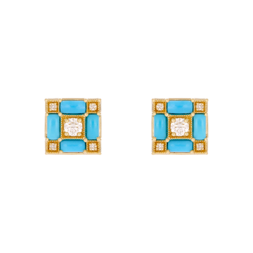 EFE53897TQ. 14K Solid Gold Diamonds and Turquoise Square Stud Earrings