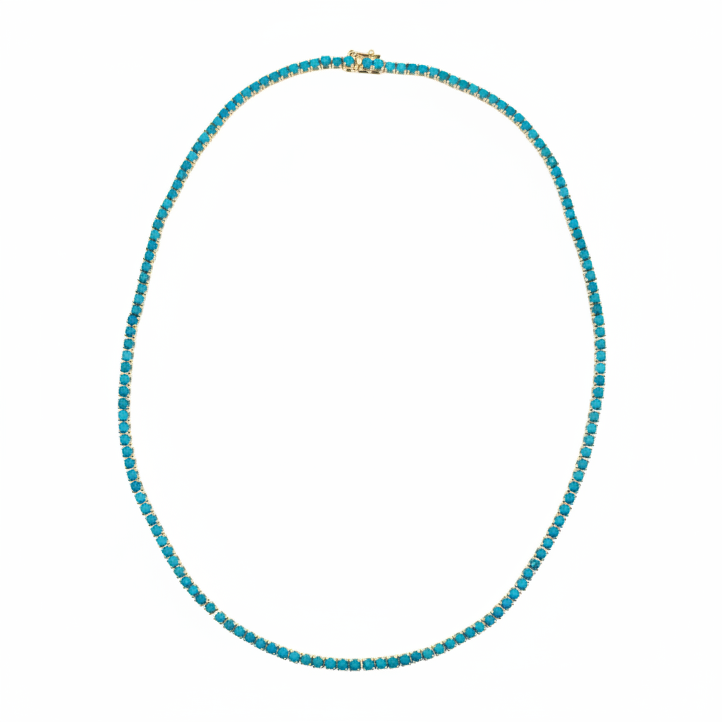 NFZ72747TQ. 14K Solid Gold Turquoise Tennis Necklace