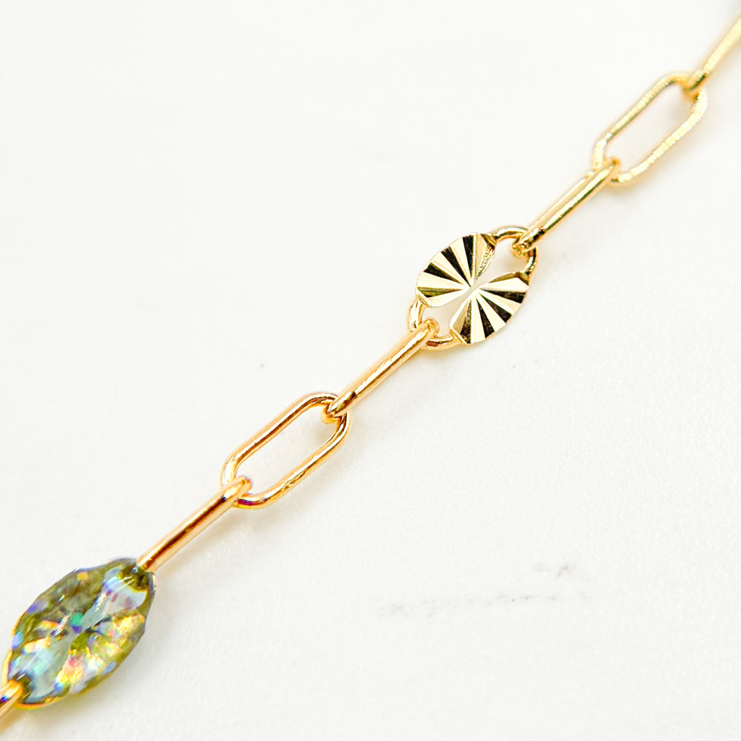 V295OP3GF. 14K Gold Filled Green Shade Opal Enamel Chain with Paperclip and Diamond Cut Marina Links