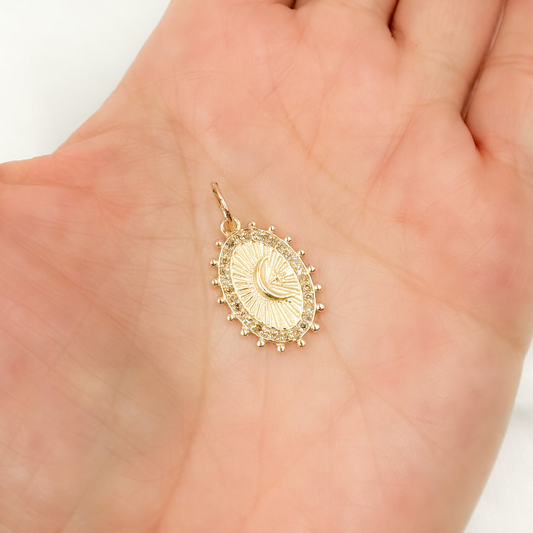 GDP117. 14K Solid Gold Diamond Oval Moon and Star Charm