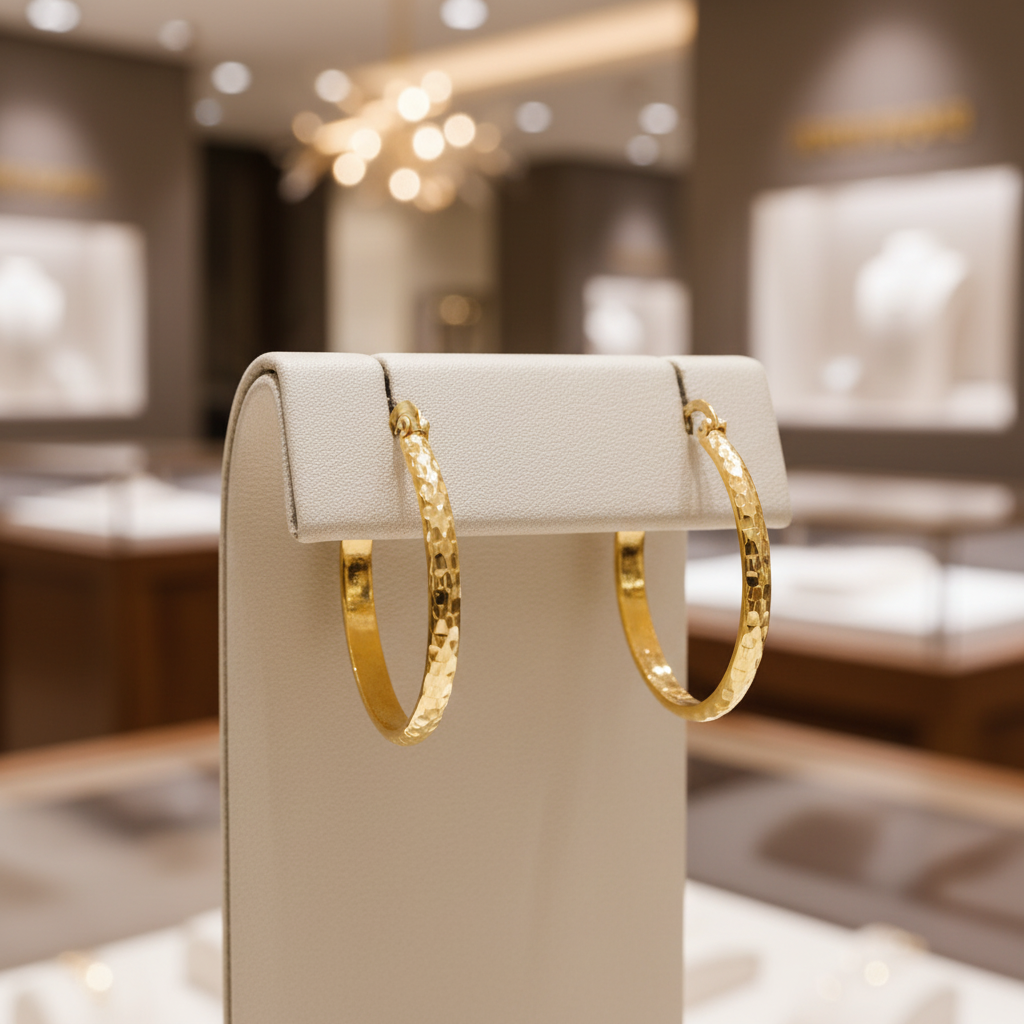 GER64. 14K Gold Diamond Cut Hollow Hoop Earrings