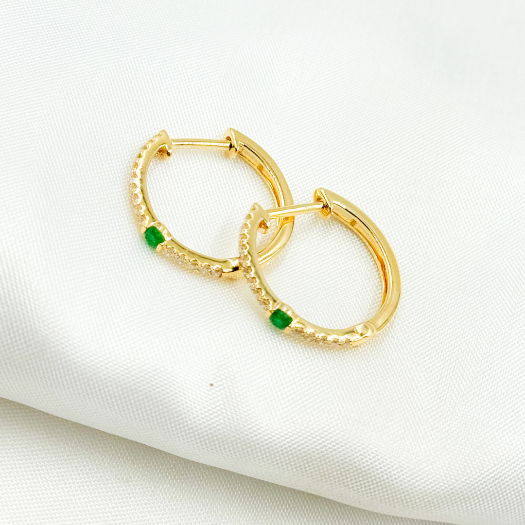 14k Solid Gold Diamond and Emerald Hoops.  EHC56665EM