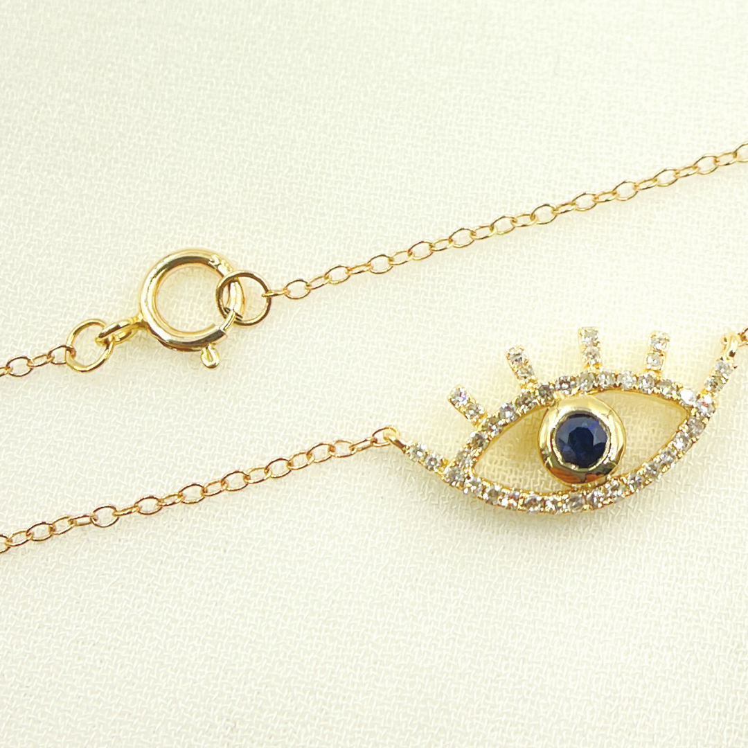 14k Solid Yellow Gold, Diamonds & Precious Stone Cable Link Evil Eye Necklace. NFC70804BS